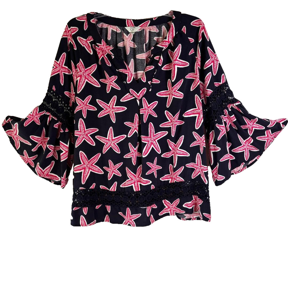Crown & Ivy Petite Blouse 3/4 Bell Sleeve Navy &β Pink Starfish Women's Size PXL